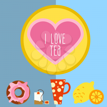 Icon set with tea in flat style. I love tea.