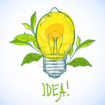 Lemon in a burning bulb with green leaves on a white background and the words Idea!