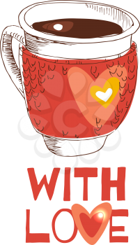 Tied with a mug of tea coffee heart inside in sketch style. Expresses romance, love, caring.