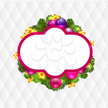 Christmas wreath with baubles and christmas tree, lights and stars. Vector illustration.