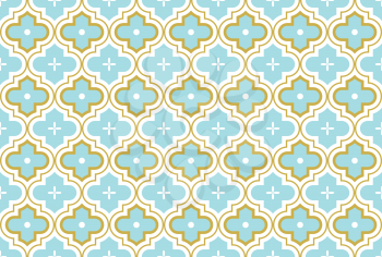 Moroccan Quatrefoil Seamless Pattern In Turquoise And Gold. Mosaic Motif Ogee For Ethnic Background. Suitable For Decorating Baby Shower Card, Wedding, Surface Design, Fabrics, Textiles Wrapping Paper