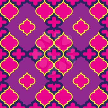 Moroccan Quatrefoil Seamless Pattern In Fuchsia And Gold. Mosaic Motif Ogee For Ethnic Background. Suitable For Decorating Baby Shower Card, Wedding, Surface Design, Fabrics, Textiles Wrapping Paper