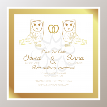 Romantic Wedding invitation with gold rings, owls. Square shape. Suitable for bachelorette party, keep this date, congratulations