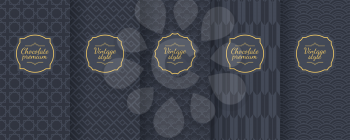 Set of dark vintage seamless backgrounds for luxury packaging design. Geometric pattern in black. Suitable for premium boxes of cosmetics, wine, jewelry. Elegant vector ornament set. Fabric print.