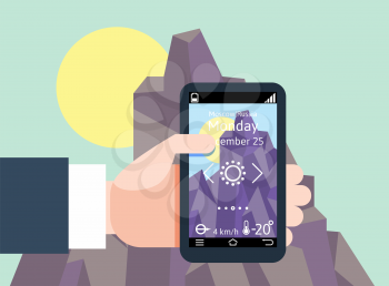 Modern flat design vector illustration concept of man holding smartphone with mobile gps navigation on a screen and route with check-in symbols.