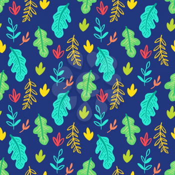 Woodland and vegetation seamless pattern. Forest green vegetation. Oak leaves, berries, acorns. Vector fabric print. Floral summer, fall backdrop for textiles, clothing, T-shirts, soap and perfume.