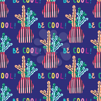 Spiny cactus print for textiles. Cute, juicy seamless pattern with succulents in the Scandinavian style. Mexican desert plants. For kids design, background, fabrics, t-shirts, clothes. Vector