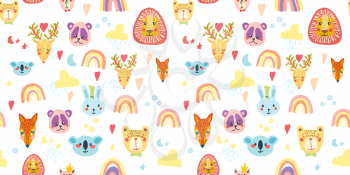 Seamless pattern with animal, rainbow, clouds and stars in pastel colorsCute print for children, girls and boys, for a bedroom, bedding, clothes. Doodle nursery wallpaper, scandinavian vector design