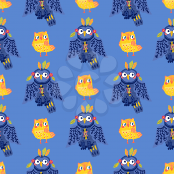 Cute tribal owls, funny seamless pattern with leaves, boho print for textiles. Summer Set with cartoon birds, acorns. Suitable for forest t-shirt prints, birthday invitations. Vector design.