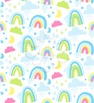 Seamless pattern with rainbow, clouds and stars in pastel colors. Cute print for children, girls and boys, for a bedroom, bedding, clothes. Doodle nursery wallpaper, scandinavian vector design
