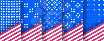 Set of seamless patterns with stars, in the colors of the american flag. Used as USA banners, invitations for design of Independence Day, BBQ parties, sports uniforms, packaging. Vector background.