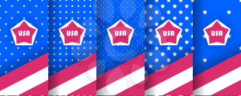 Set of seamless patterns with stars, in the colors of the american flag. Used as USA banners, invitations for design of Independence Day, BBQ parties, sports uniforms, packaging. Vector background.