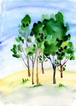 Grove of trees in the field. Watercolor illustration. A symbol of ecology, freshness, naturalness and organic. Suitable for ecological postcards, , , prints for packaging, T-shirts, handmade bags,