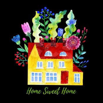 Home Sweet Home. Watercolor illustration of the house, flowers, berries and leaves. Print for t-shirt, poster