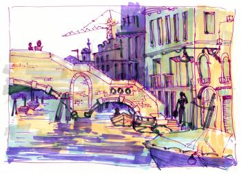 View of the bridge in Venice. Sketch drawn markers