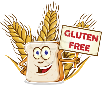 bread cartoon mascot with gluten free signboard