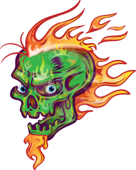 green skull sketch design on white  background with flame