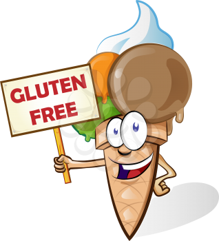 Ice cream cartoon with gluten free signboard isolated 