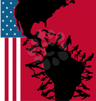 immigration people silhouette moving to usa on flag 