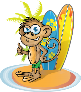 
monkey  surfer  cartoon on island with surfboard