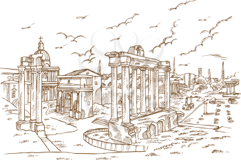 Remains of temples in Foro Romano, Rome, Italy hand draw