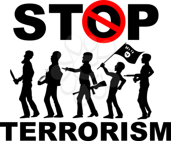  stop terrorist silhouette set on background