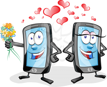 two fun mobile cartoon in love on white background