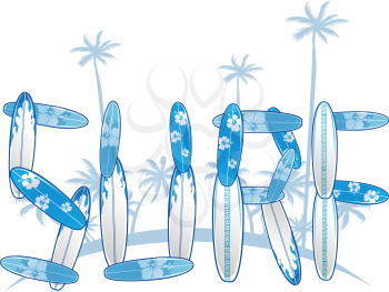 written with blue surfboards with palm tree.vector illustration