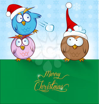 funny owl cartoon ON CHRISTMAS  BACKGROUND