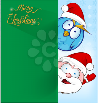 funny santa claus with owl  on christmas background