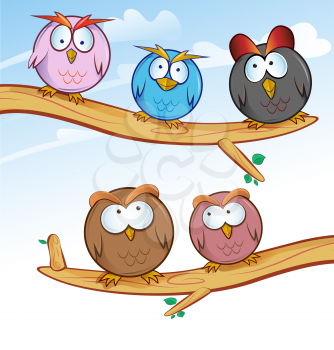 funny owl group cartoon on tree 