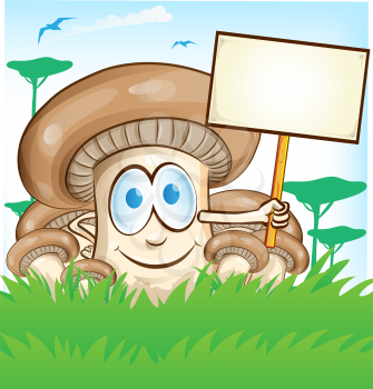 
mushroom cartoon with signboard o