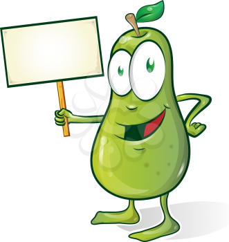 pear cartoon isolated on white background with signboard