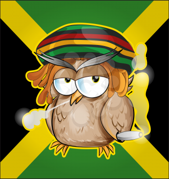Rastafarian owl cartoon on jamaican flag