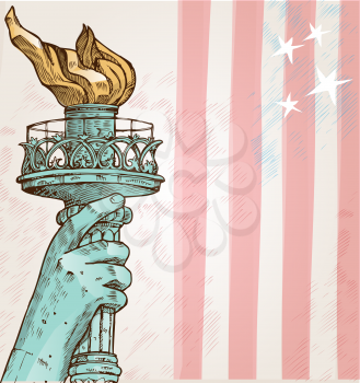 statue of liberty with torch on american flag