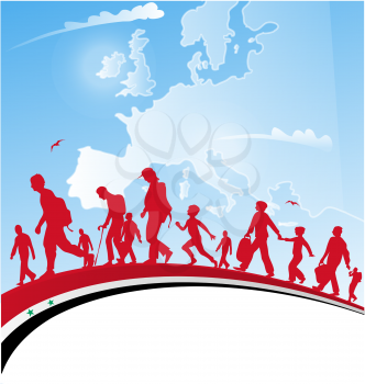  immigration people with syrian flag on europe  map background