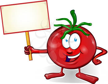 fun tomato cartoon with signboard isolated on white background