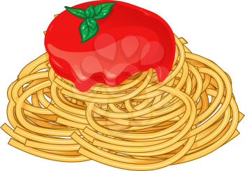 Spaghetti with tomato and basil isolated on white vector illustration