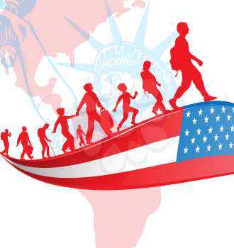 USA flag with immigration people on american map.illustration 