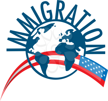Immigration word concept around the world with USA flag