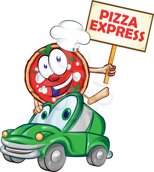 Pizza express delivery car cartoon with signboard