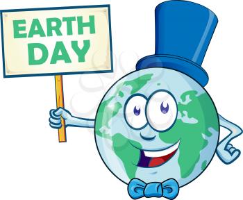 Happy Earth Day. Planet Earth Cartoon Character with signboard