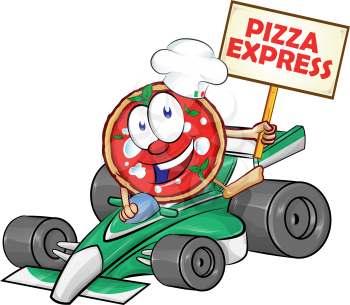 funny cartoon formula race car with pizza