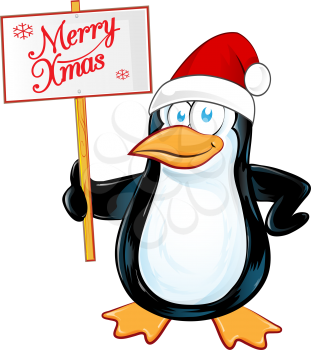 pinguin Santa Claus with merry christmas signboard. Isolated  illustration