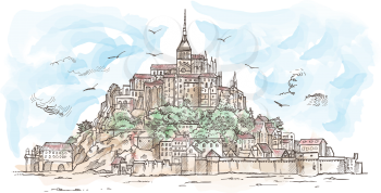 Le Mont Saint Michel ,France. Hand drawn sketch watercolor. illustration in vector