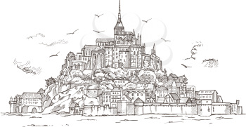 Le Mont Saint Michel ,Normandy, France. Hand drawn sketch illustration in vector