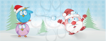 funny owl and santa claus cartoon on christmas background. christmas banner 