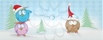 funny owl cartoon on christmas banner . christmas background