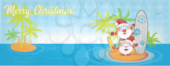 fun santa claus cartoon on island with surf. banner 
