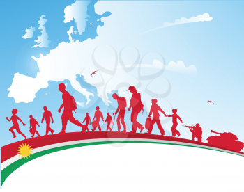 immigration people with kurdistan flag on europe  map background